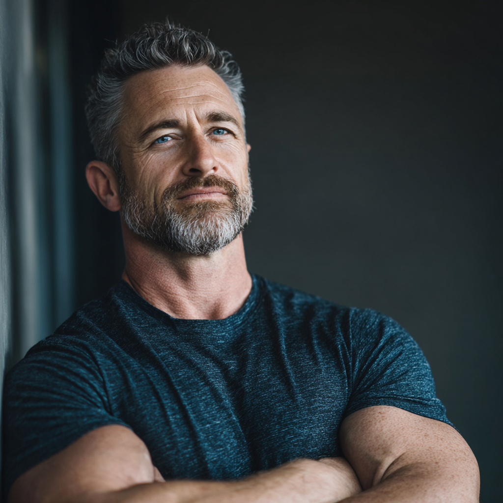 Confident middle-aged man reflecting on personal growth and strength development