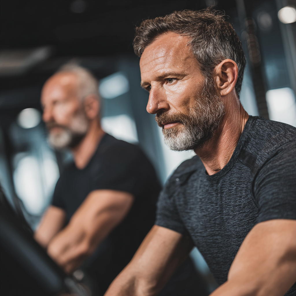 Middle-aged men training with focus and determination in modern gym environment